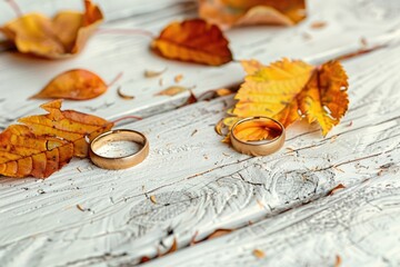 Fototapeta premium Two wedding rings displayed on a rustic wooden table, suitable for wedding or love-themed designs