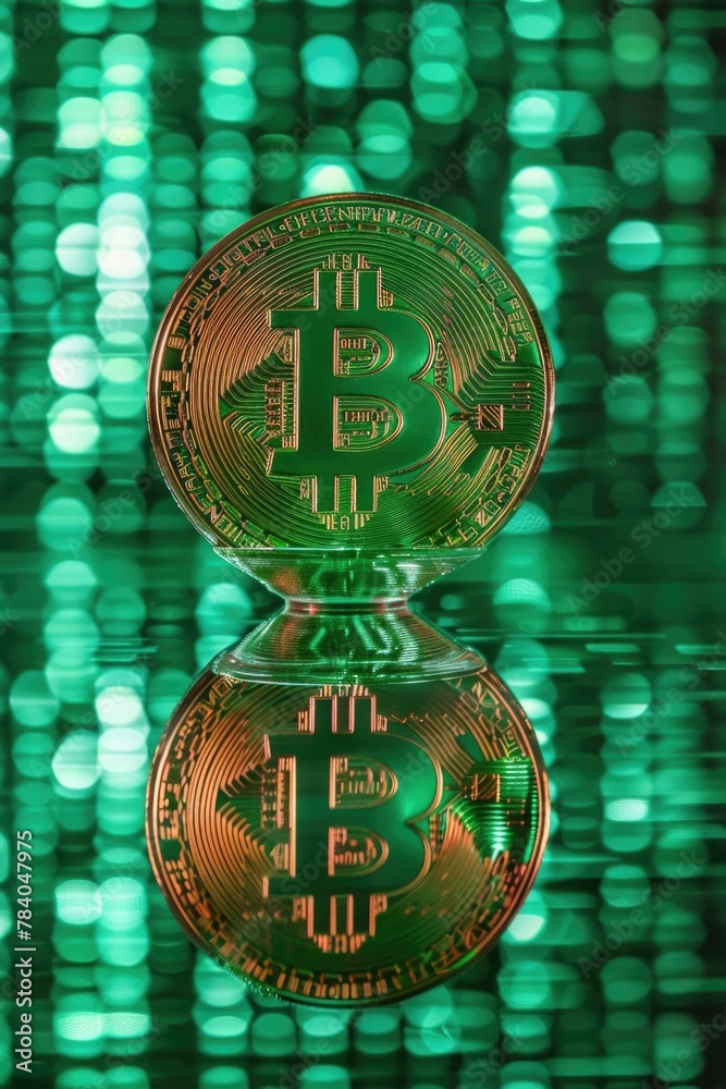 Poster a bitcoin sitting on top of a pile of coins. suitable for finance concepts