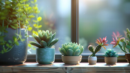 Macro shot of a collection of succulents on a windowsill, modern interior design, scandinavian style hyperrealistic photography