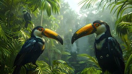 Illustration of a tropical rainforest with toucans. - obrazy, fototapety, plakaty