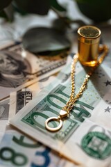 A luxurious gold necklace placed on a stack of money. Perfect for finance and wealth concepts