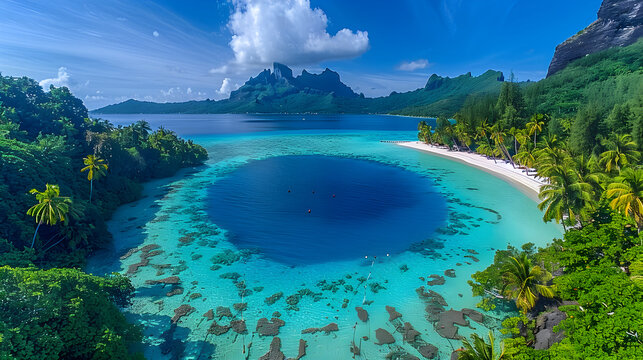 Bora Bora Aerial view. Tahiti, French Polynesia. White Sandy Beach and Mountain. Palm Trees and Blue Lagoon.  Art.