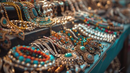 A table covered with a variety of jewelry pieces, perfect for showcasing accessories - obrazy, fototapety, plakaty