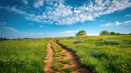 Dirt road in a grassy field under a blue sky. Suitable for outdoor and nature themes