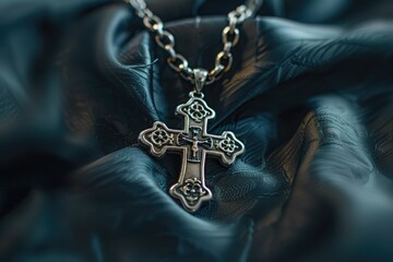 A striking silver cross on a dark black fabric. Perfect for religious or spiritual concepts