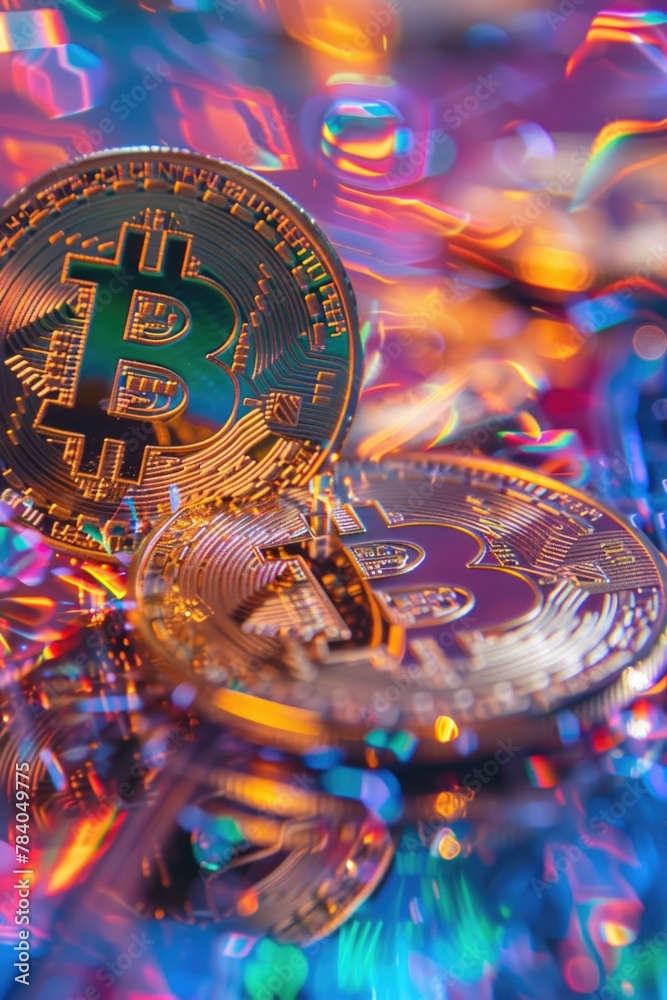Poster a bitcoin sitting on top of a pile of coins. suitable for finance and cryptocurrency concepts