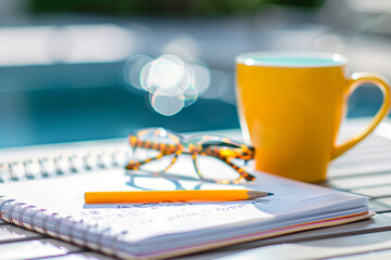 Morning planning essentials with a spiraled planner, stylish eyeglasses, and a vibrant yellow mug by the poolside