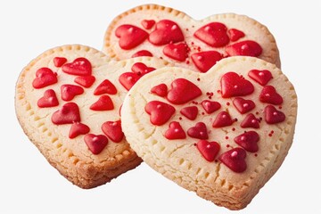 Three heart-shaped cookies with red sprinkles. Perfect for Valentine's Day celebrations