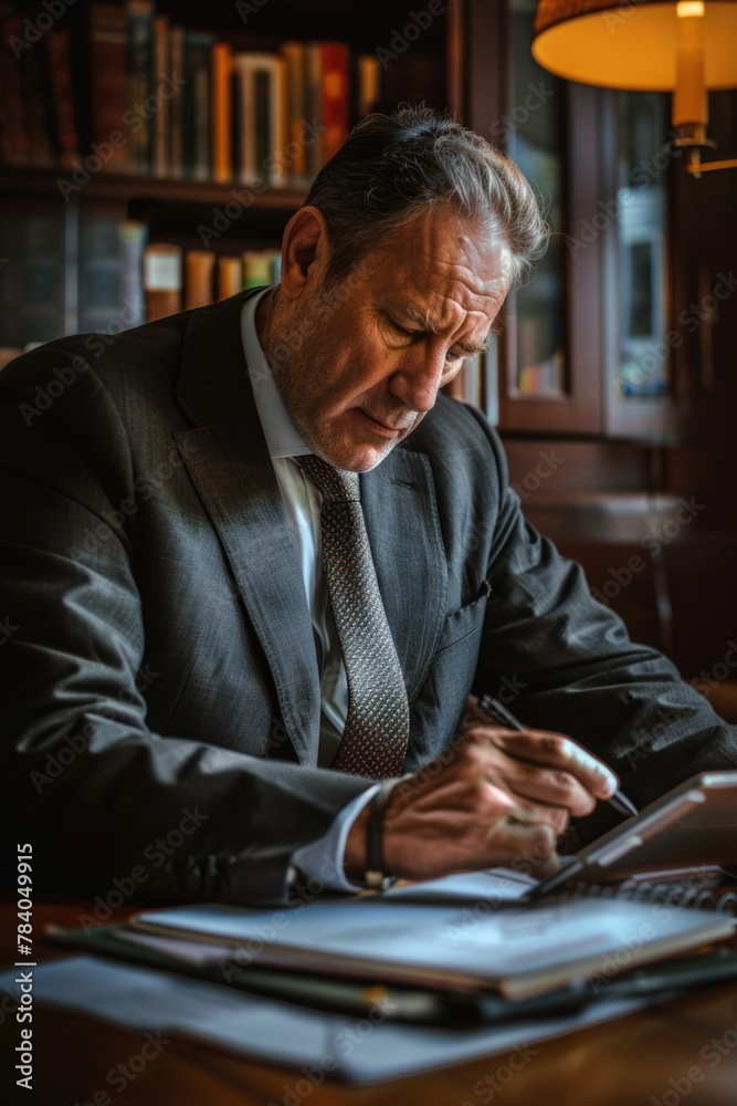 Aufkleber a man in a suit sitting at a table with a laptop. suitable for business and technology concepts