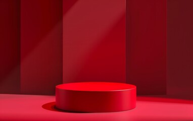 Minimal red podium for christmas product display. Color round pedestal placed on studio floor. 3D shaded, light from top. Red Spot Light in background - obrazy, fototapety, plakaty