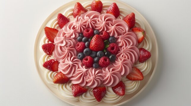   A tight shot of a cake on a plate, adorned with strawberries and blueberries atop
