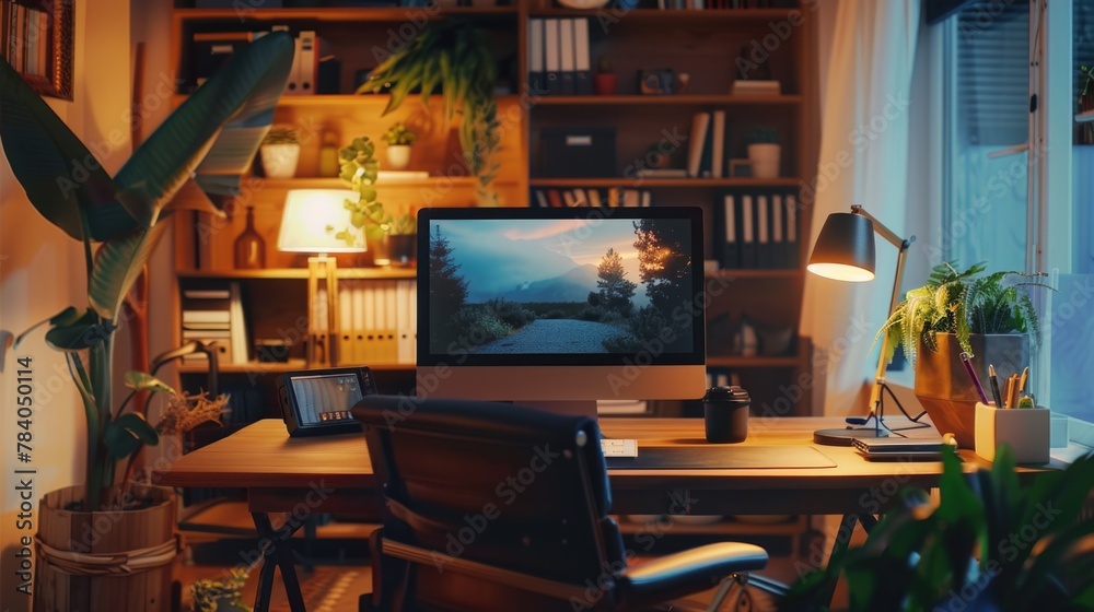 Aufkleber a computer monitor placed on a wooden desk. suitable for technology and office concepts