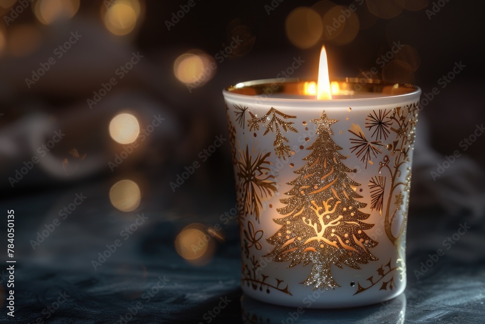 Poster a lit candle sitting on top of a table, perfect for adding warmth to any room