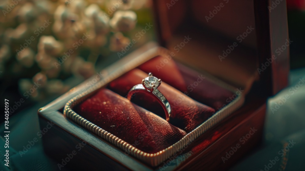Poster a diamond ring displayed in a box with a delicate flower in the background. ideal for wedding and en