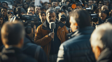 a reporter holding a microphone, surrounded by a crowd of people - obrazy, fototapety, plakaty