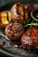 Close-up of a plate of food with meat, perfect for food blogs or restaurant menus