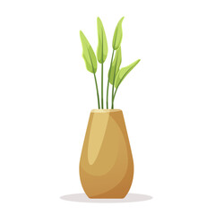 A vector illustration of fresh green plants in a brown vase on a white background, concept of home decor. Vector illustration