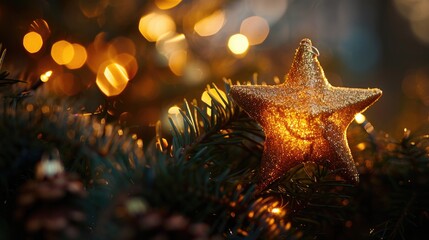 A gold star ornament hanging from a Christmas tree. Suitable for holiday decorations