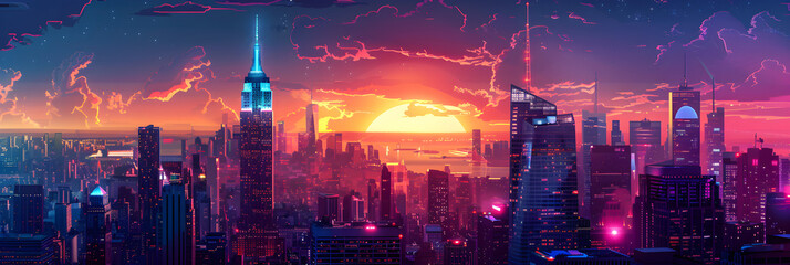 A vibrant and energetic cityscape featuring tall, colorful skyscrapers in a comic style. Suitable for urban-themed events and modern design projects.
