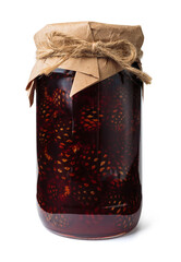 Jam with young pine cones in glass jar isolated on white background. Traditional Siberian dessert to support immune system.