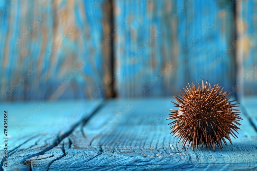 Aufkleber A detailed view of a spiky object on a wooden table. Suitable for various design projects