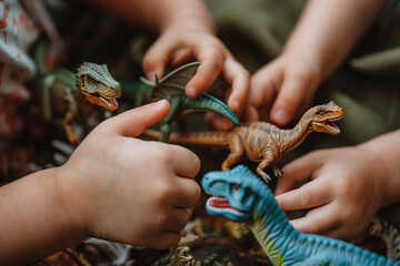 A cute sister and brother's hands playing with a set of toy dinosaurs, creating a prehistoric...