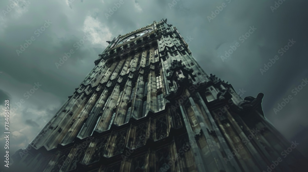 Poster a tall clock tower with a cloudy sky in the background. suitable for travel websites or historical a