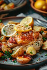 A plate of delicious chicken and potatoes with fresh lemons. Ideal for food blogs or recipe websites