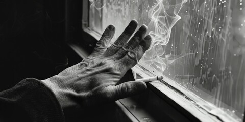 A person holding a cigarette in front of a window. Suitable for lifestyle or addiction concepts - obrazy, fototapety, plakaty