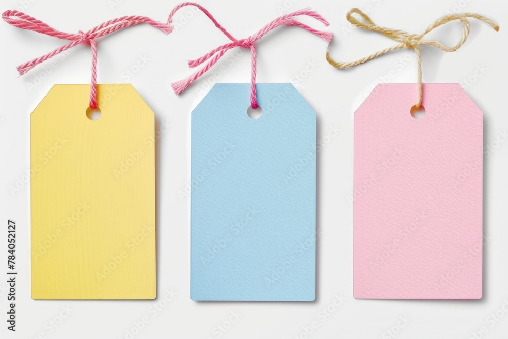 Aufkleber Three tags tied to a string on a white surface, suitable for various uses