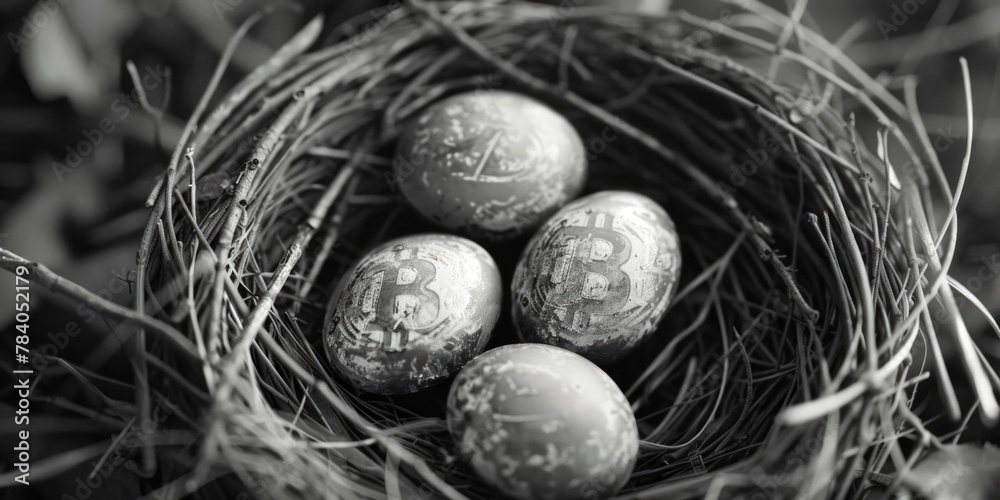 Aufkleber Image of three eggs in a nest on a tree branch. Suitable for nature and wildlife themes