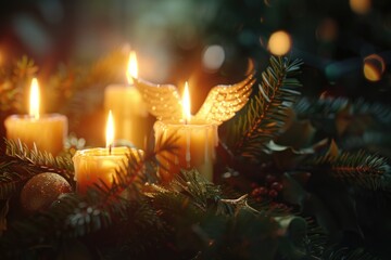 Group of lit candles on top of a Christmas tree, perfect for holiday decorations