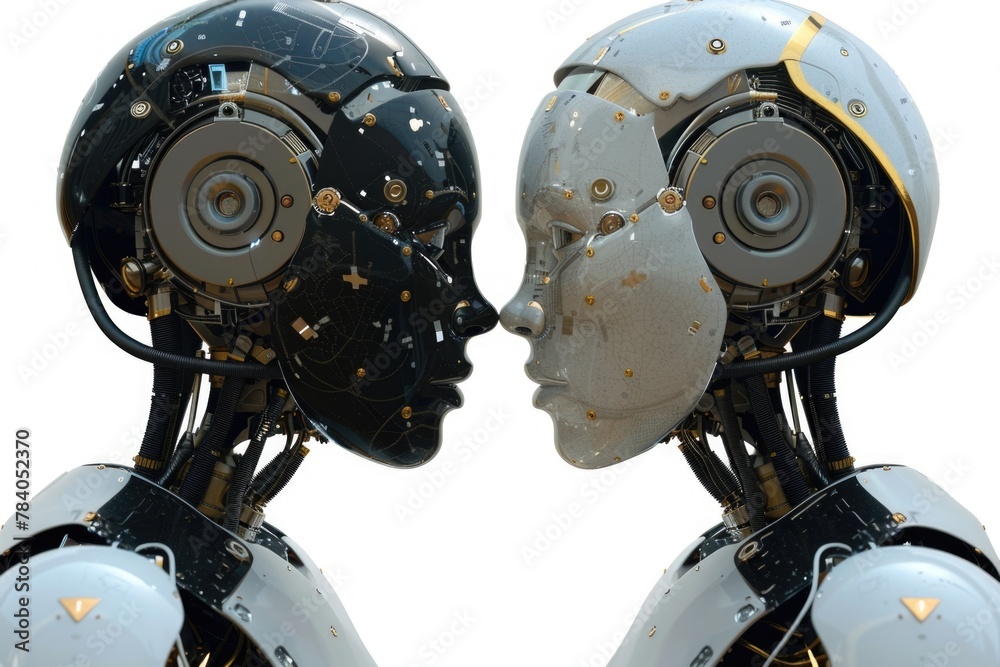 Poster Two robot heads in confrontation, ideal for technology concepts
