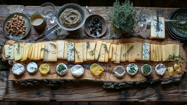   A wooden cutting board bears various cheeses and sauces atop it