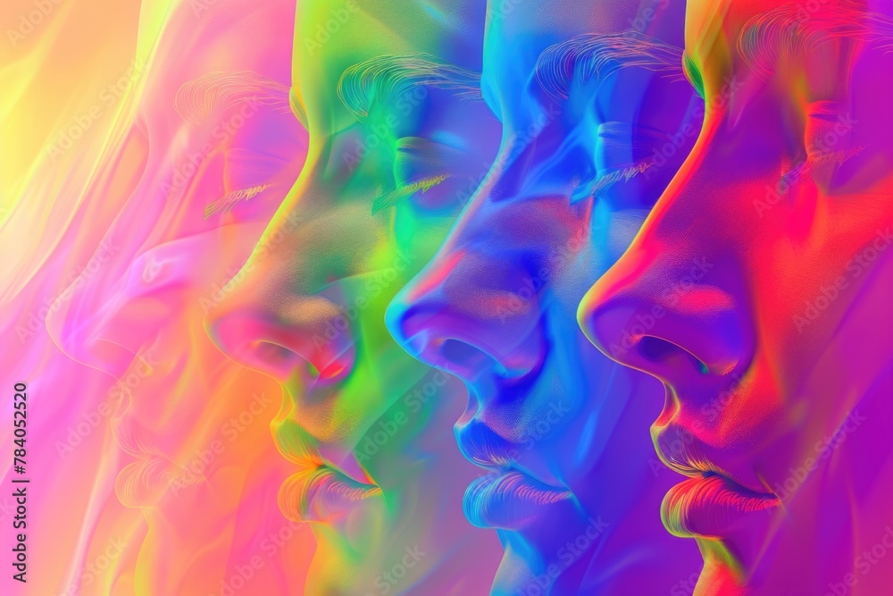 Poster group of people with different colored faces, suitable for diversity and inclusion concepts