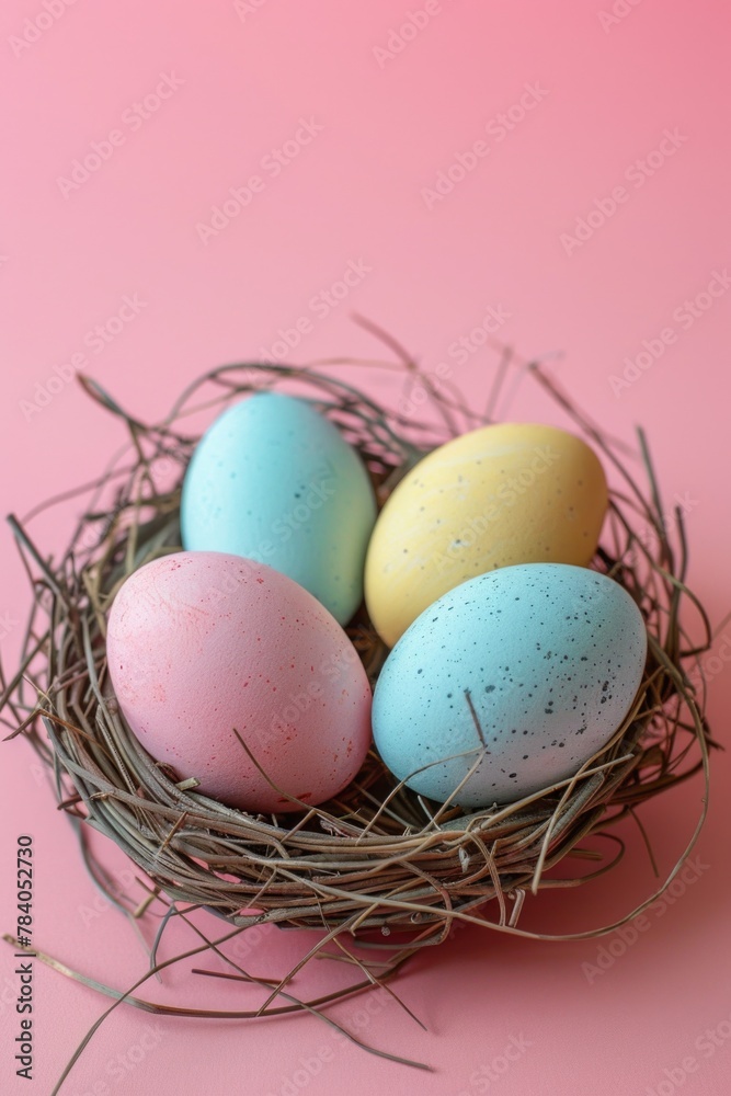 Poster three eggs in a nest on a pink surface. suitable for easter or spring-themed designs