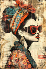 Abstrakte Illustration: Künstlerische Verfremdung (Collage) eines Frauen Porträts - 784052751