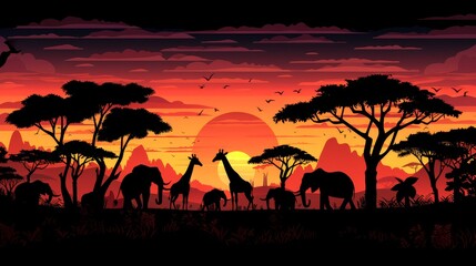   A group of giraffes stands next to one another on a verdant green field beneath a vibrant red-orange sky