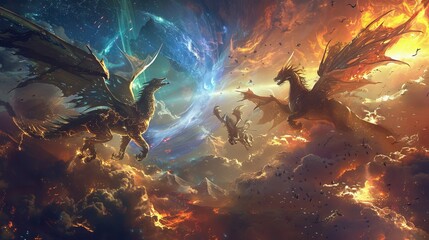 Dramatic depiction of colossal dragons engaged in a ferocious battle amongst the clouds and cosmic energy - obrazy, fototapety, plakaty