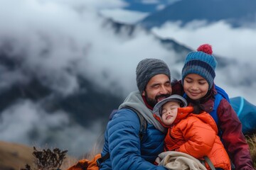 A family wrapped in warm clothes huddles together, enjoying a scenic mountain view amidst clouds