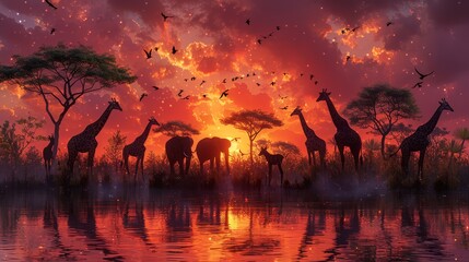   Group of giraffes gathered by a water body, sunset backdrop - obrazy, fototapety, plakaty