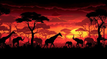 Fototapeta na wymiar A herd of giraffes grazes atop a verdant field, bordering a dense forest teeming with trees