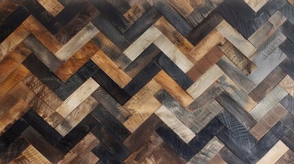 A diagonal chevron pattern of various shades of reclaimed wood planks providing a rustic and modern background