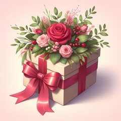 illustration of a wrapped present adorned with a ribbon and a bouquet of roses
