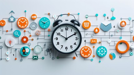 Conceptual representation of time management with a central clock surrounded by productivity icons