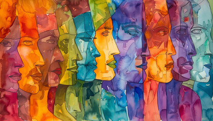 Abstract colorful art watercolor painting depicts a diverse group of people united.
