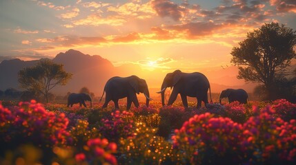   A herd of elephants atop a verdant field, adjacent stands a bloom of pink and purple flowers