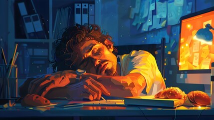 Exhausted Creative Professional Asleep at Desk Illuminated by Computer Screen Glow