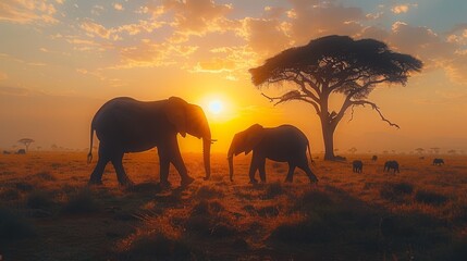   A herd of elephants traverses a grassy field as the sun sets, framed by a solitary tree in the foreground