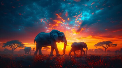   A couple of elephants stand next to each other on a lush green field beneath a blue-red clouded sky